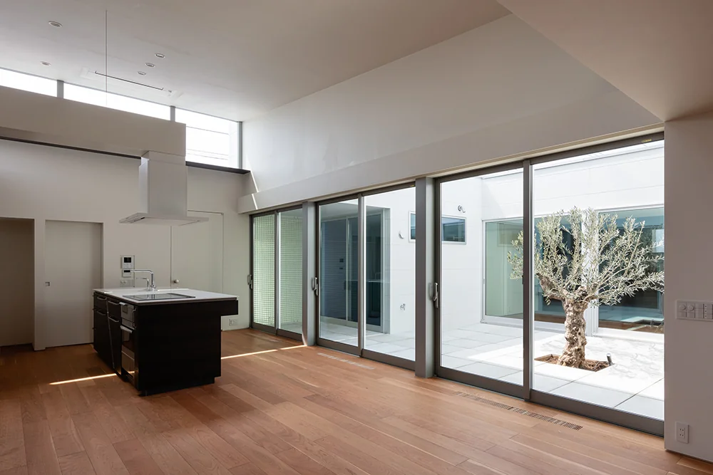 The range hood of the island kitchen is suspended from the ceiling, creating a floating effect.