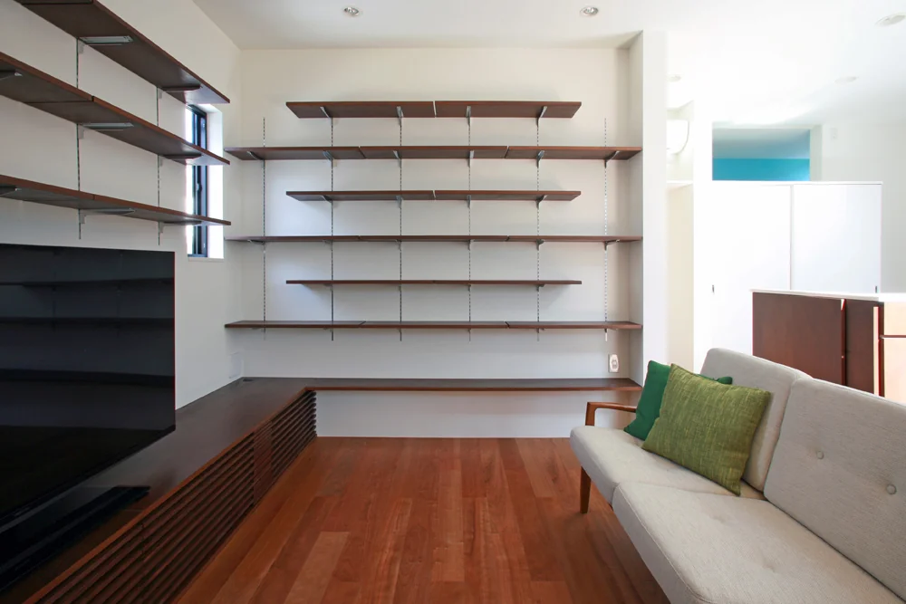 Shelving above the counter doubles as cat steps, seamlessly integrating a bookshelf with feline circulation paths.