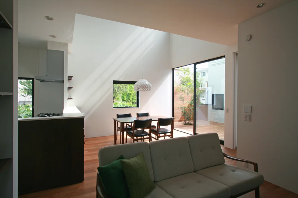The sightline from the living room extends through the dining area to the courtyard’s sculptural tree.｜House with a Courtyard for Living with Cats