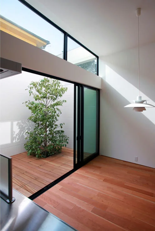 From the kitchen, views extend to the sky and the symbolic tree, enhancing the connection with nature.