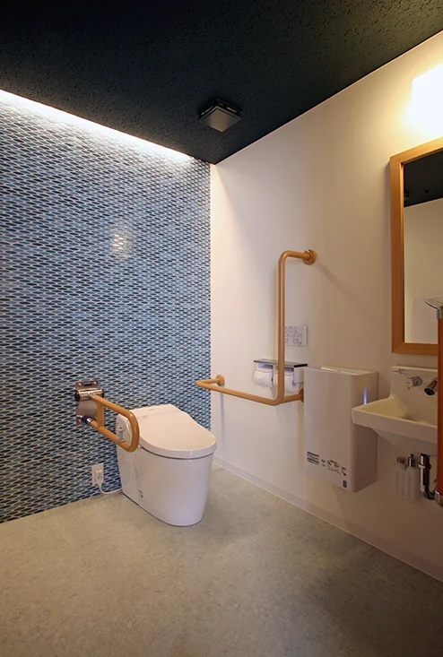 Multipurpose restroom equipped to maximize comfort and accessibility for wheelchair users