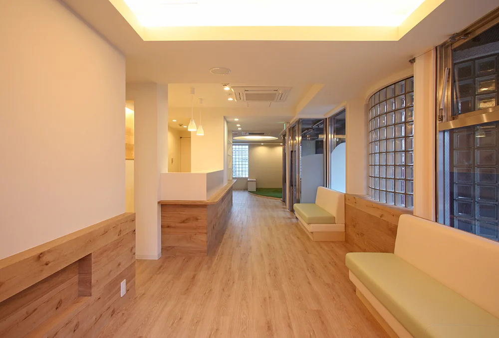 From the waiting area towards the entrance, with the kids’ corner and passage to the esthetic area visible in the background