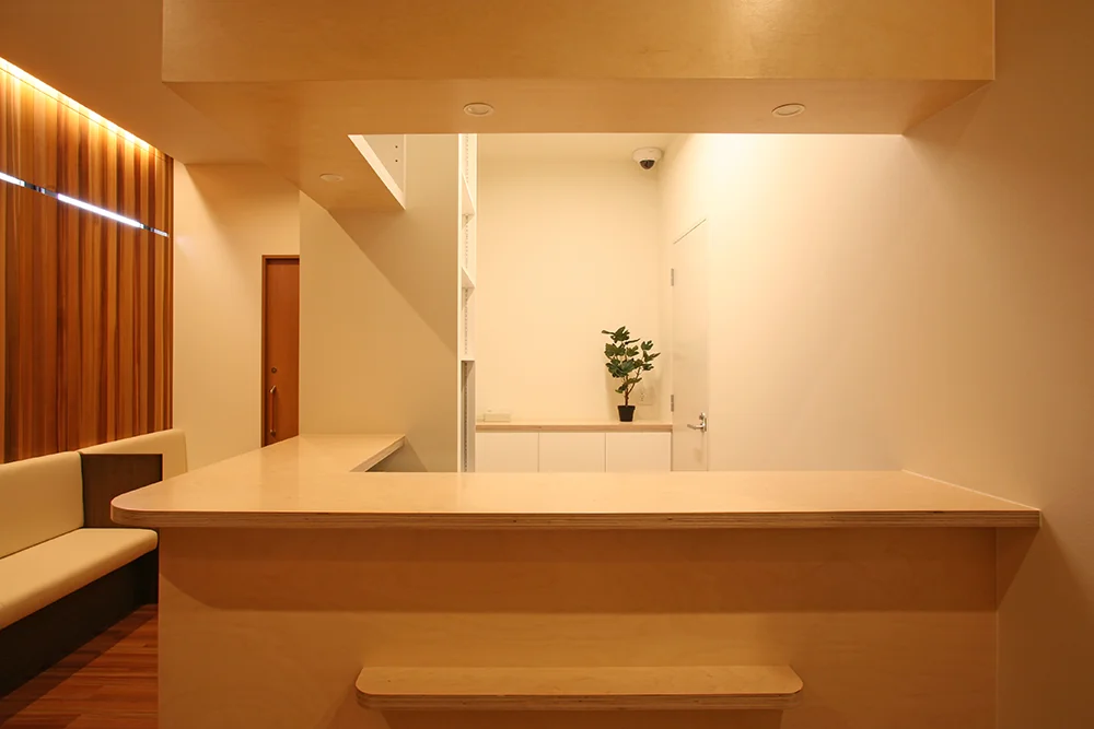 Reception counter and lower wall panels are constructed from laminated Russian birch plywood