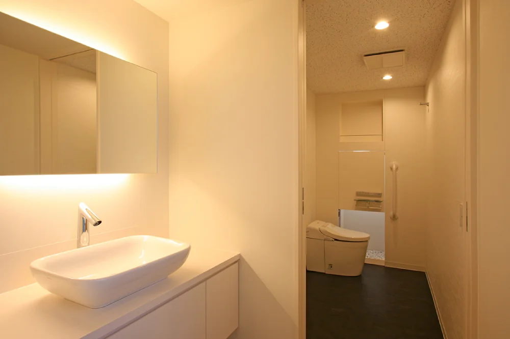 Handwashing and restroom area featuring a large vessel sink with an automatic single-lever faucet for a clean, streamlined finish