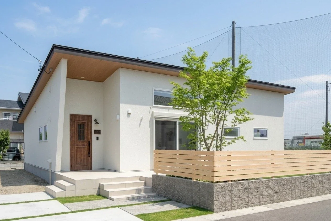 片流れ屋根のシンプルなフォルムに、やさしいトーンの白いジョリパットの塗り壁。