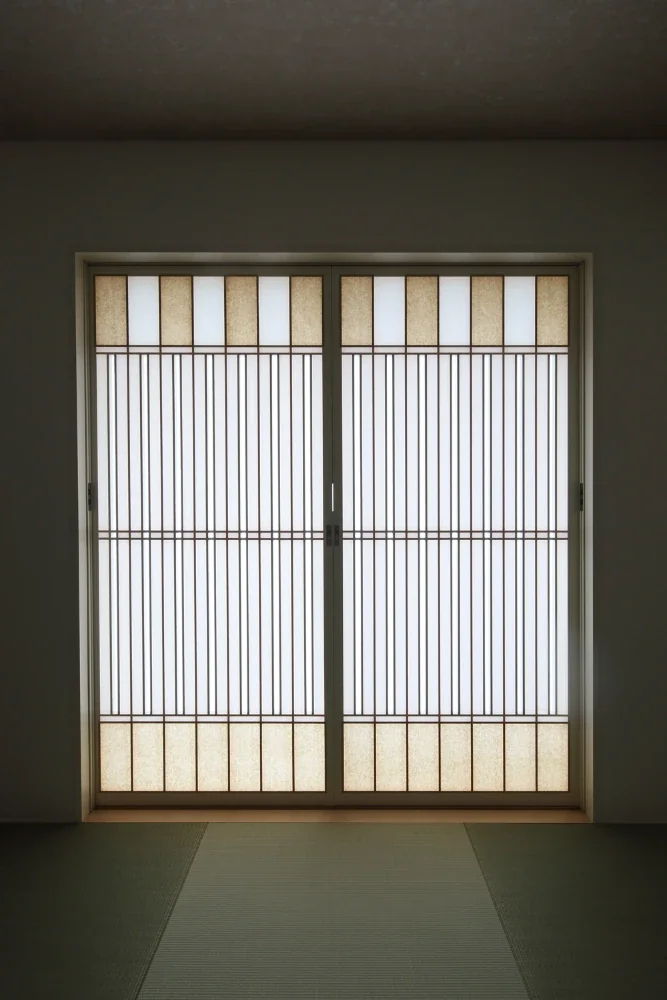 The shoji screens are finely layered with two sheets of washi paper, incorporating colored washi paper in parts.