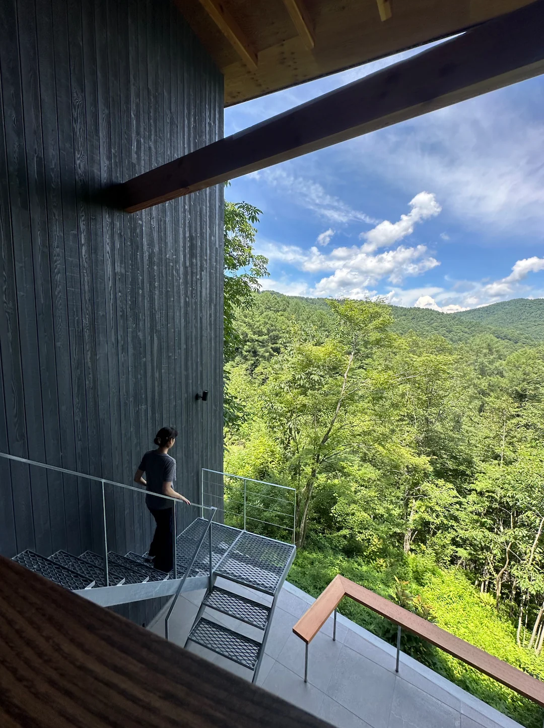 Staircase descending along the slope; the landing provides panoramic views of the landscape and an overview of the entire building｜Karuizawa Terrace