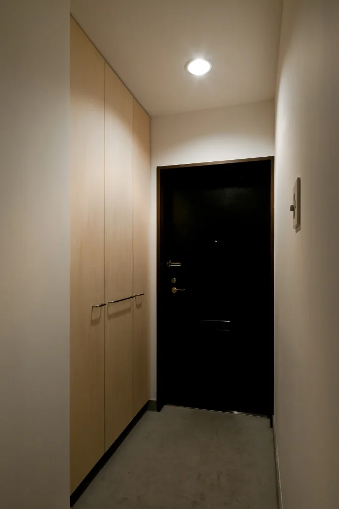 At the entrance, the existing storage doors were removed and full-height wooden doors to the ceiling were fabricated.