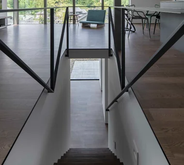 House on Kataokayama | Living beneath a large roof spanning the terrace.｜Glass-Enclosed Residences｜Custom-built house｜Stairs