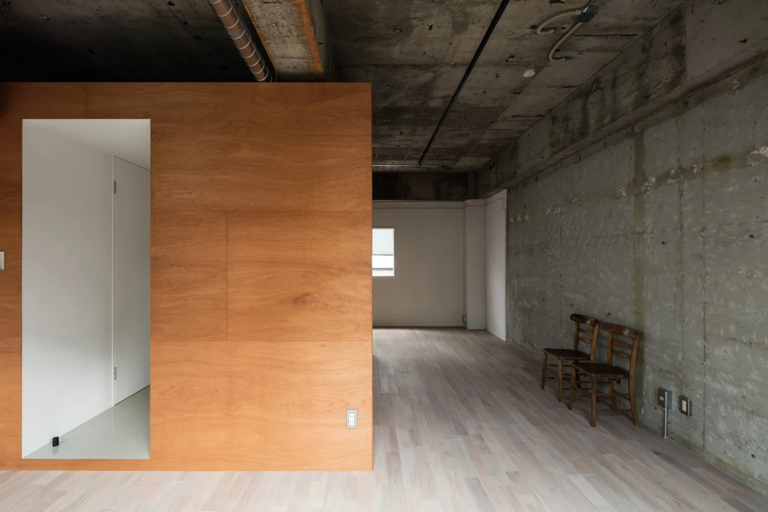 From a tunnel carved through a white, rectilinear box, access leads to storage, toilet, and bath/washbasin.