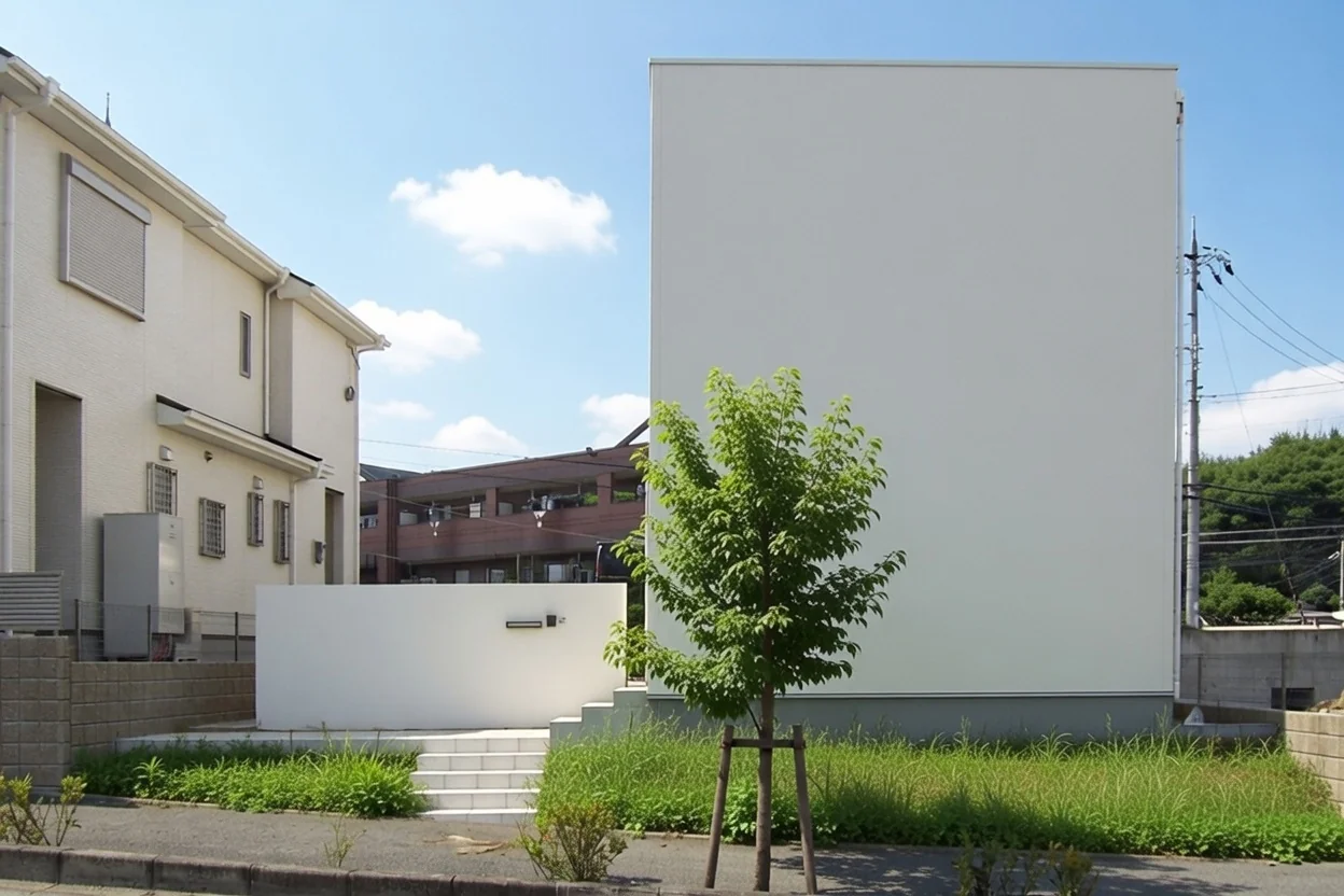 外観は白い立方体にまとめ、往来の多い前面道路側は閉じて寡黙な表情。