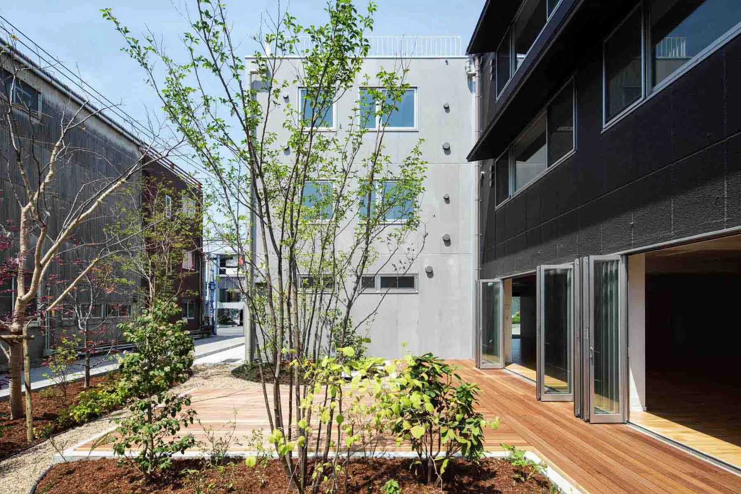 透過將既存部與增建部錯列配置，形成溢滿綠意的中庭空間。