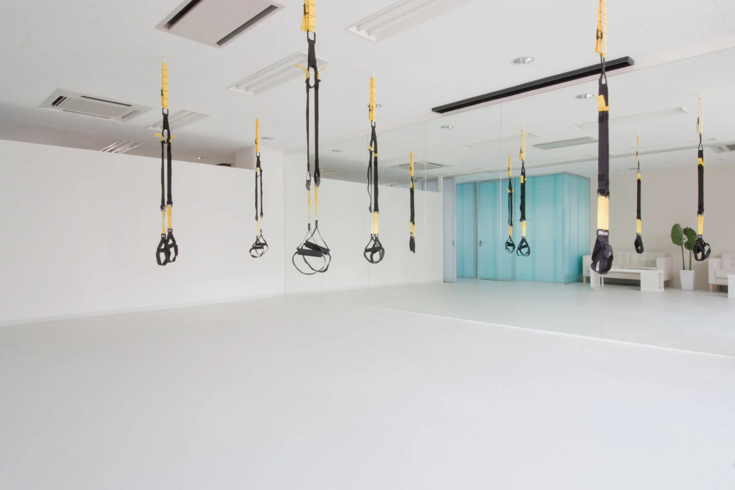 The main studio is fully mirrored. The ceiling cavity was reinforced to accommodate the installation of exercise equipment.