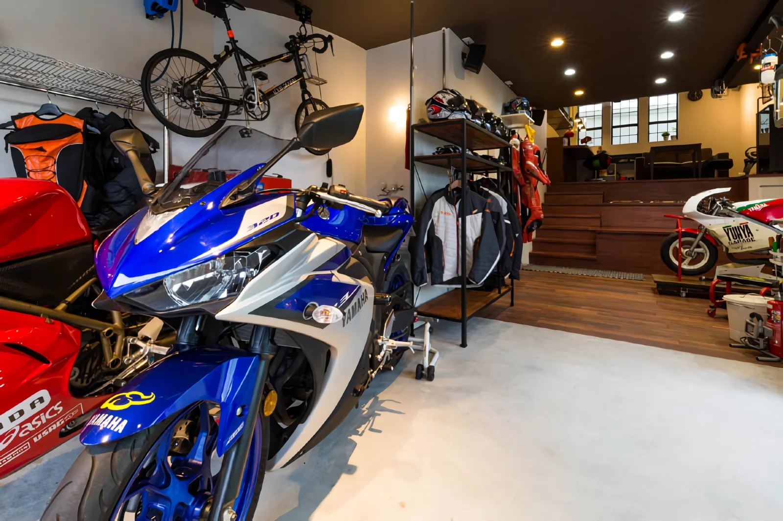 A space where motorcycles are fully integrated into the daily living activities.